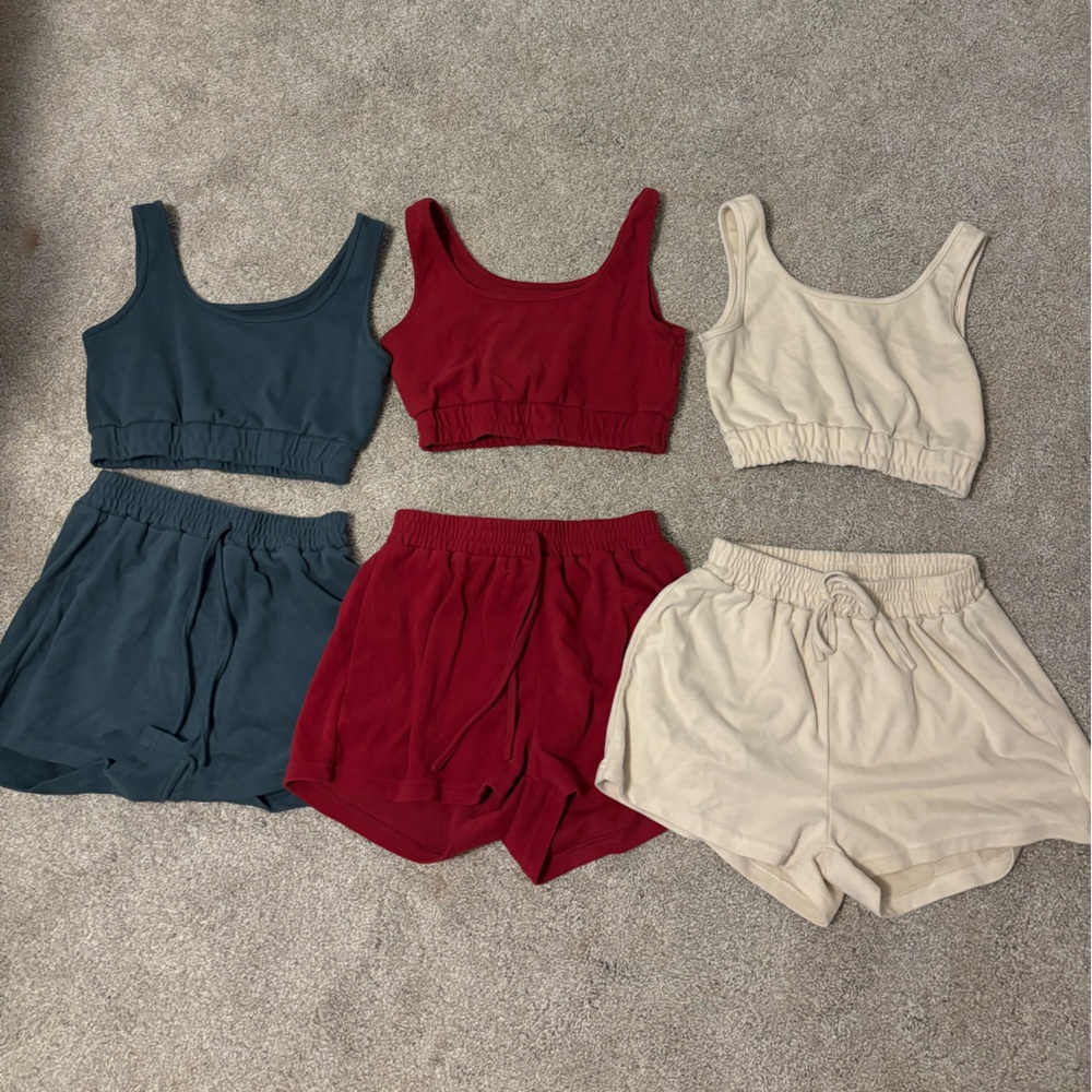 Set of Cozy Lounge Shorts in Cream, Red, and Blue
